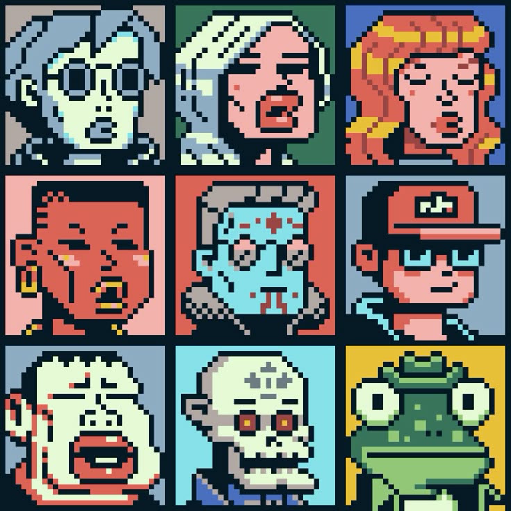 Grid of cartoon pixel-art portraits, including a frog in a crown