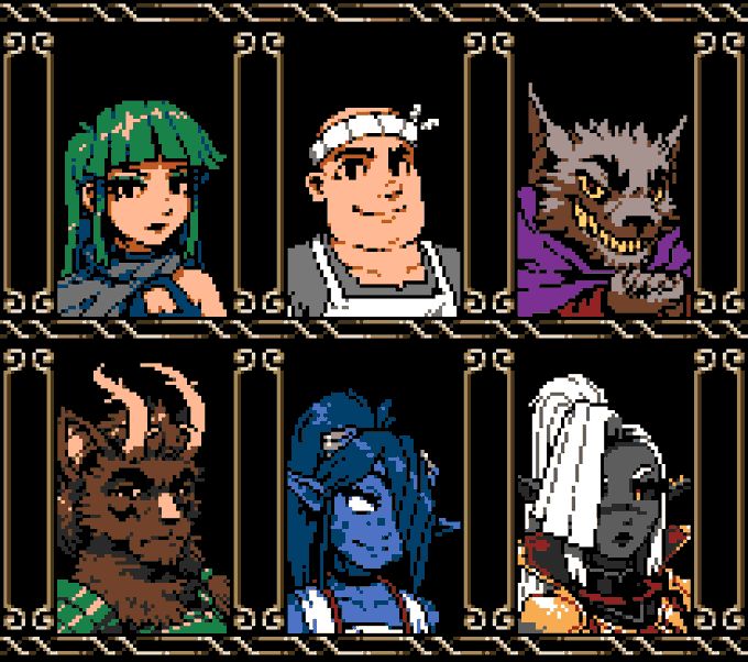 Grid of anime-style pixel-art character portraits in gold frames