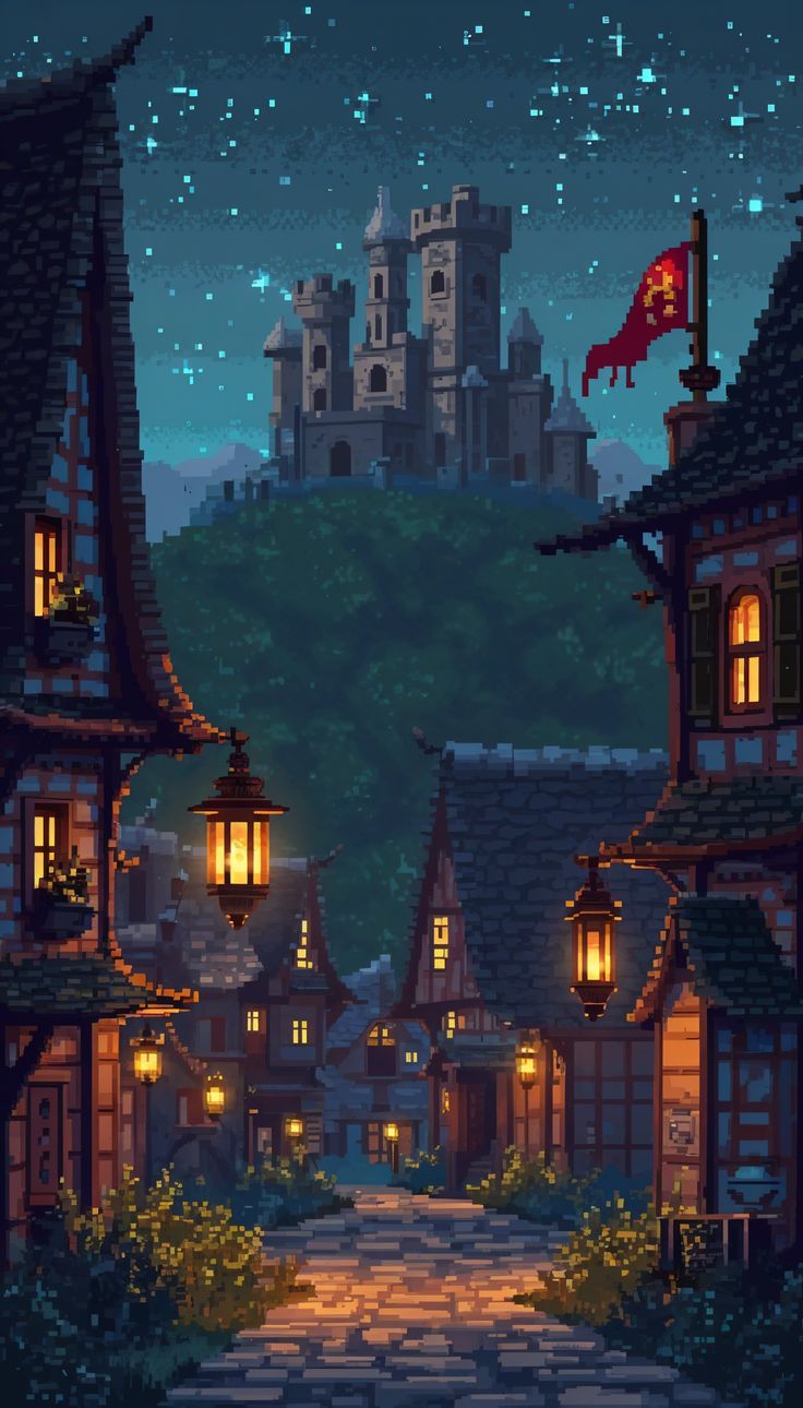 Lantern-lit street in a fantasy town, castle on the hill behind it